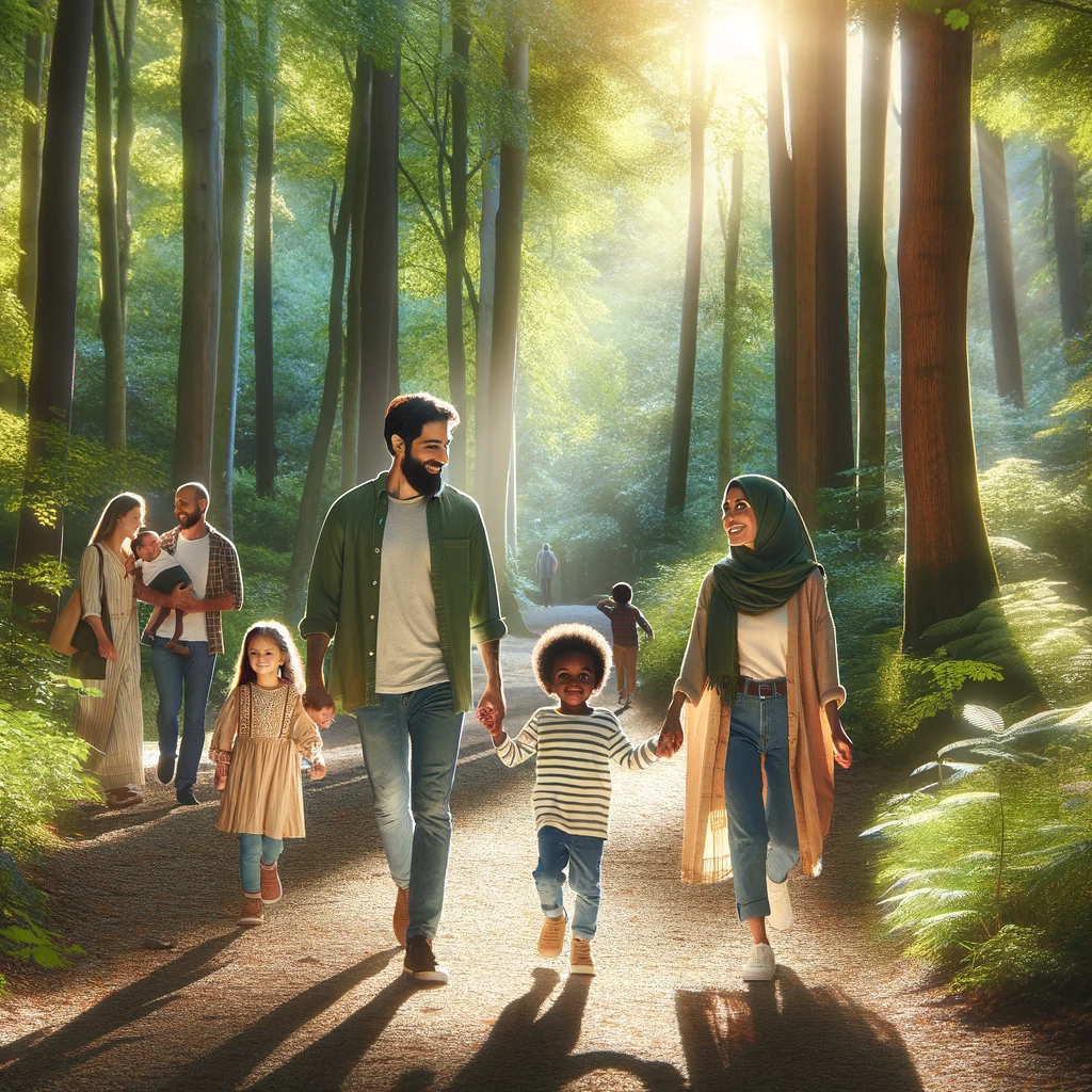 DALL·E 2023-12-15 16.24.10 - A picturesque scene of a diverse family enjoying a peaceful walk in a forest. The family consists of a Middle-Eastern father, a South Asian mother, an.png