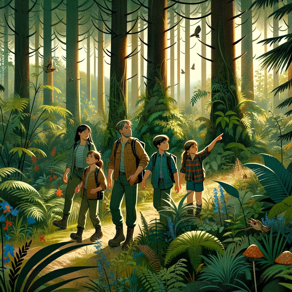 DALL·E 2023-12-12 09.35.50 - A family exploring a dense forest. The illustration shows a family of four, with two parents and two children, wandering through a thickly wooded area.png