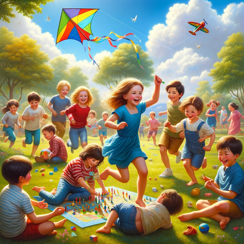 DALL·E 2024-01-29 11.16.41 - A realistic painting of happy children playing joyfully together in a sunny park. The scene includes several children of diverse ethnicities, ranging .png