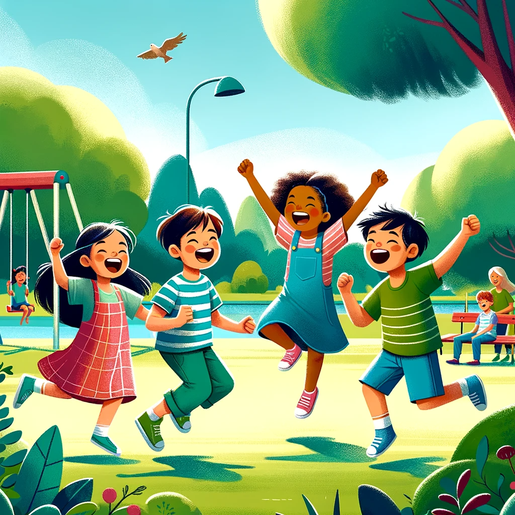 DALL·E 2023-11-22 12.48.52 - A joyful scene of children playing and jumping in a park. The scene includes four children of diverse descents_ a young girl of East Asian descent, a .png