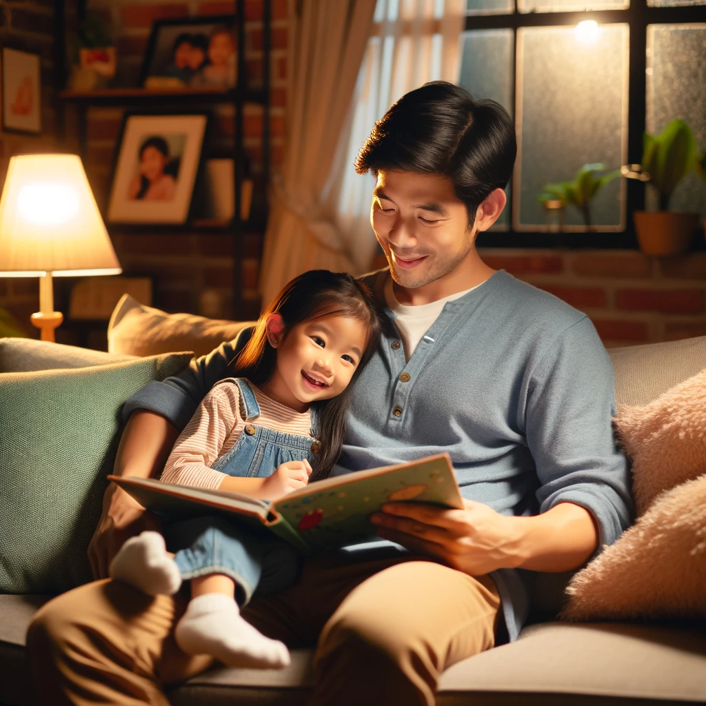 DALL·E 2023-12-27 13.19.40 - A heartwarming scene of a father and his young daughter spending quality time together. The father, a middle-aged Asian man, is sitting on a comfortab.png