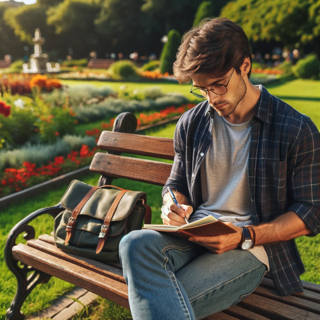 DALL·E 2023-12-01 11.15.39 - A young Caucasian male writer sitting on a wooden bench in a park, intensely writing with a pen and notebook. The bench is surrounded by green grass a.png
