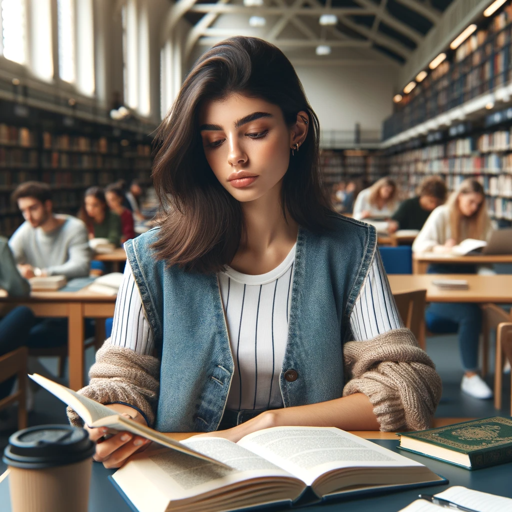 DALL·E 2023-12-27 13.19.31 - A young female college student, of Middle-Eastern descent, is sitting at a table in a university library, deeply engrossed in reading a book. She is w.png
