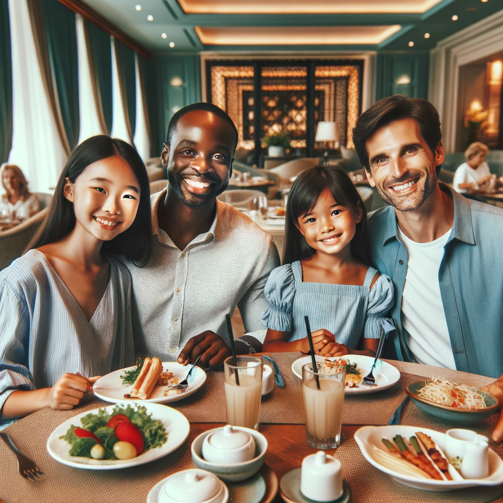 DALL·E 2024-01-04 15.45.24 - A happy family dining in a beautiful restaurant. The family consists of four members_ an Asian mother, an African father, a Hispanic daughter, and a C.png
