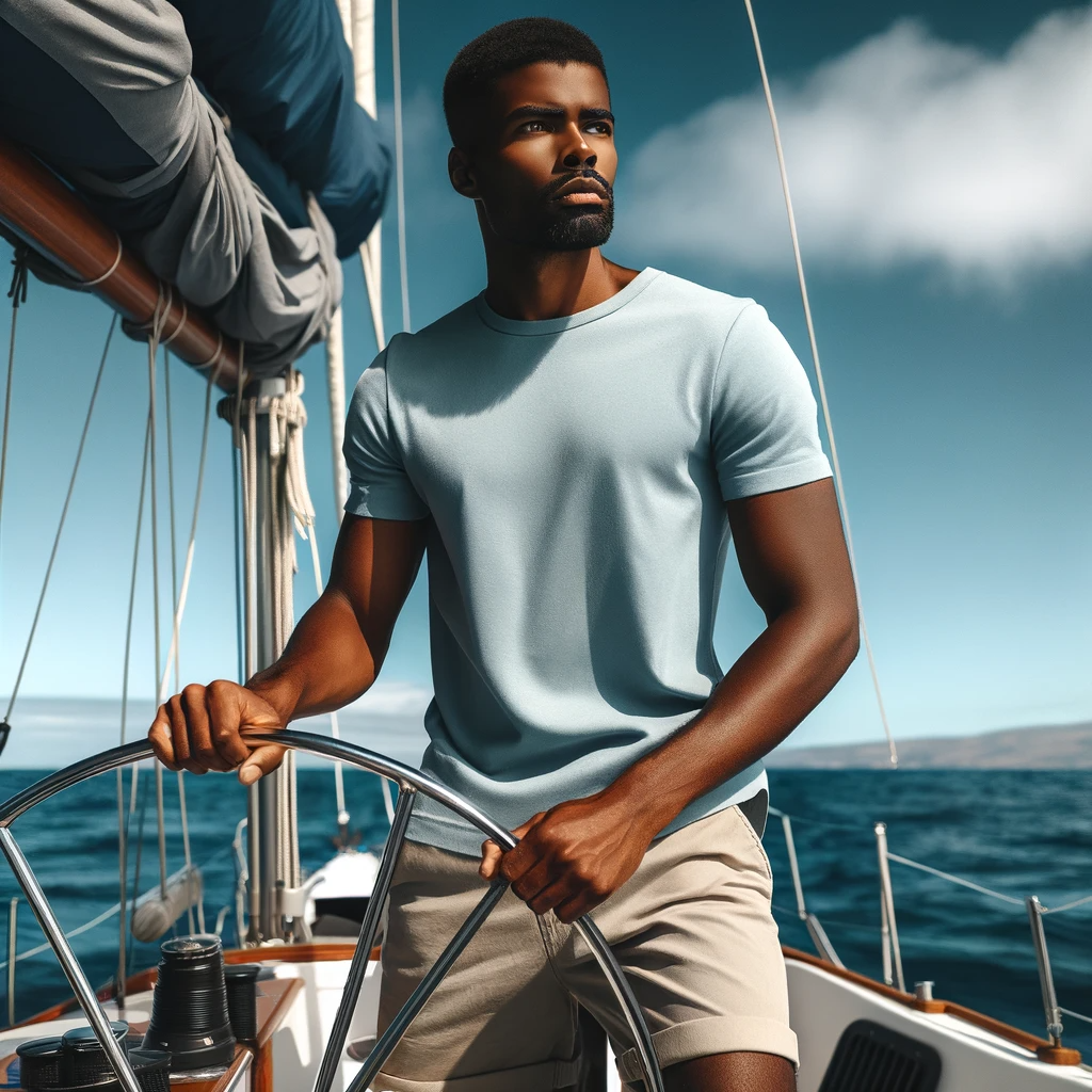 DALL·E 2023-12-04 06.03.32 - A traveler navigating the vast ocean. The scene features a Black man with short, neatly trimmed hair, standing confidently at the helm of a small sail.png