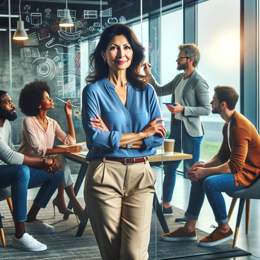 DALL·E 2023-11-19 09.08.33 - A creative and leadership-driven leader in a modern office environment. The leader, a middle-aged woman of South Asian descent, is confidently standin.png