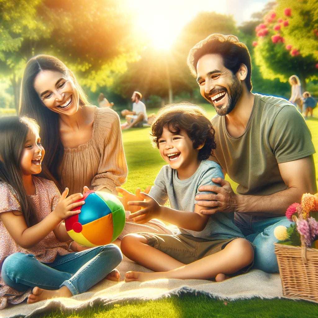 DALL·E 2023-12-11 08.37.34 - A warm and joyful scene of children spending happy moments with their parents in a park setting. The image should feature two kids, a boy and a girl, .png