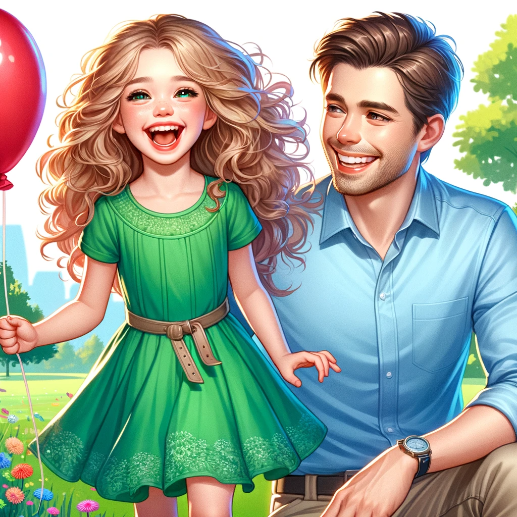 DALL·E 2024-01-05 08.12.12 - An illustration of a beautiful young girl with a lively expression, spending a joyful time with her father. The girl, around 8 years old, has radiant,.png