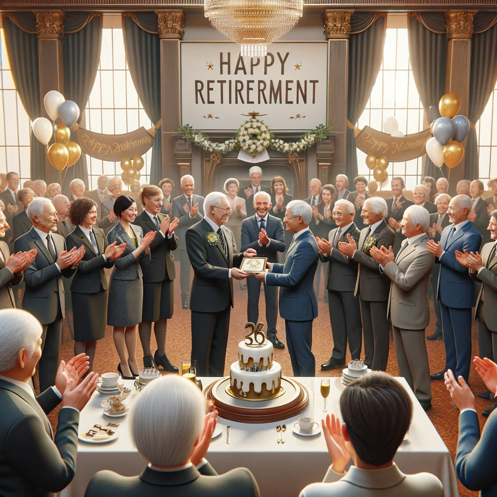 DALL·E 2023-12-22 17.56.01 - A retirement ceremony scene in an elegantly decorated hall. The room is filled with colleagues and friends, all gathered to celebrate. At the center, .png
