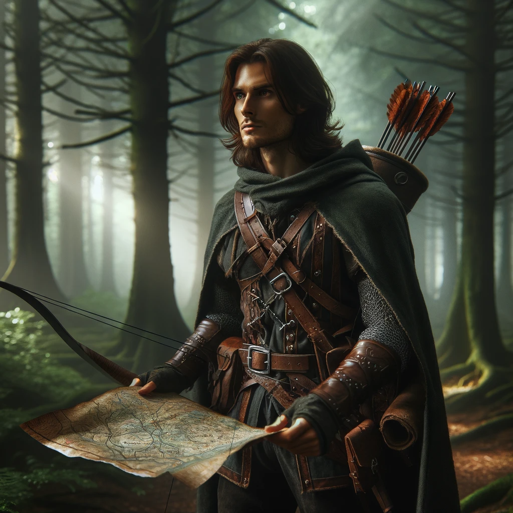 DALL·E 2023-12-22 11.49.26 - An adventurer in an ancient, mystical forest searching for a path. The adventurer has long brown hair, wearing a cloak and leather armor, with a bow a.png