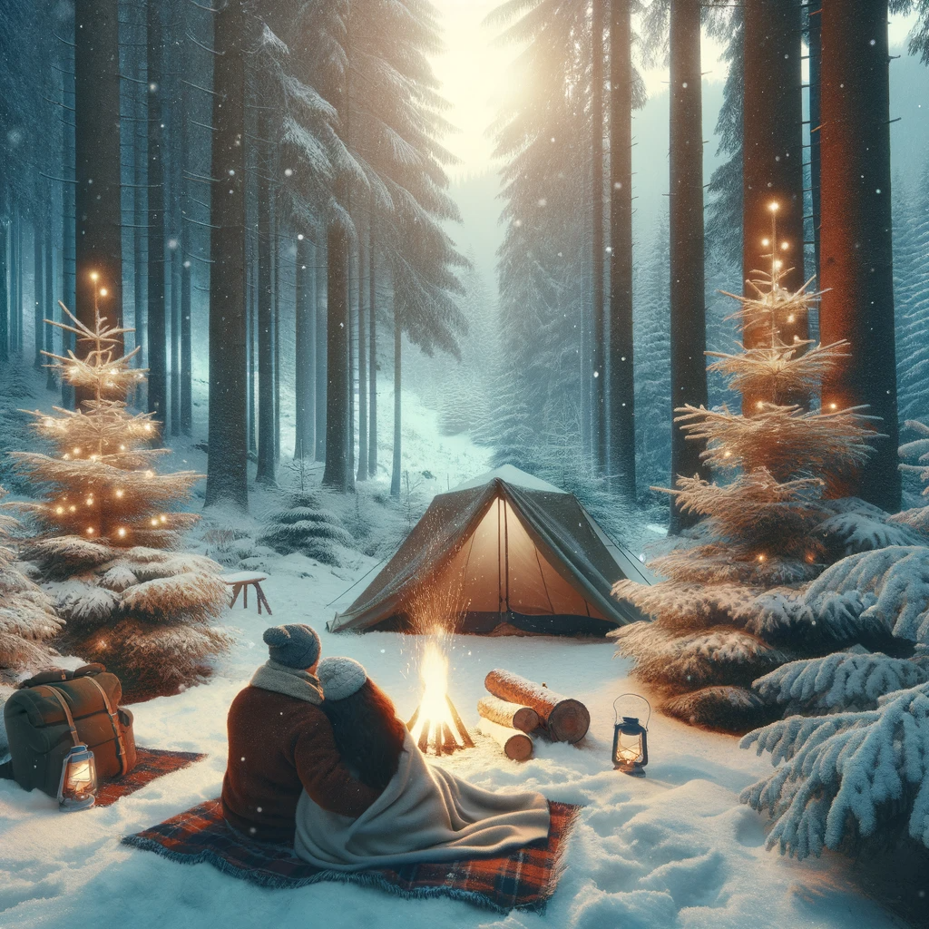 DALL·E 2023-11-20 13.35.46 - A winter camping scene in a snowy forest. The scene includes a tent set up on the snow-covered ground, a small campfire emitting a warm glow, and a co.png