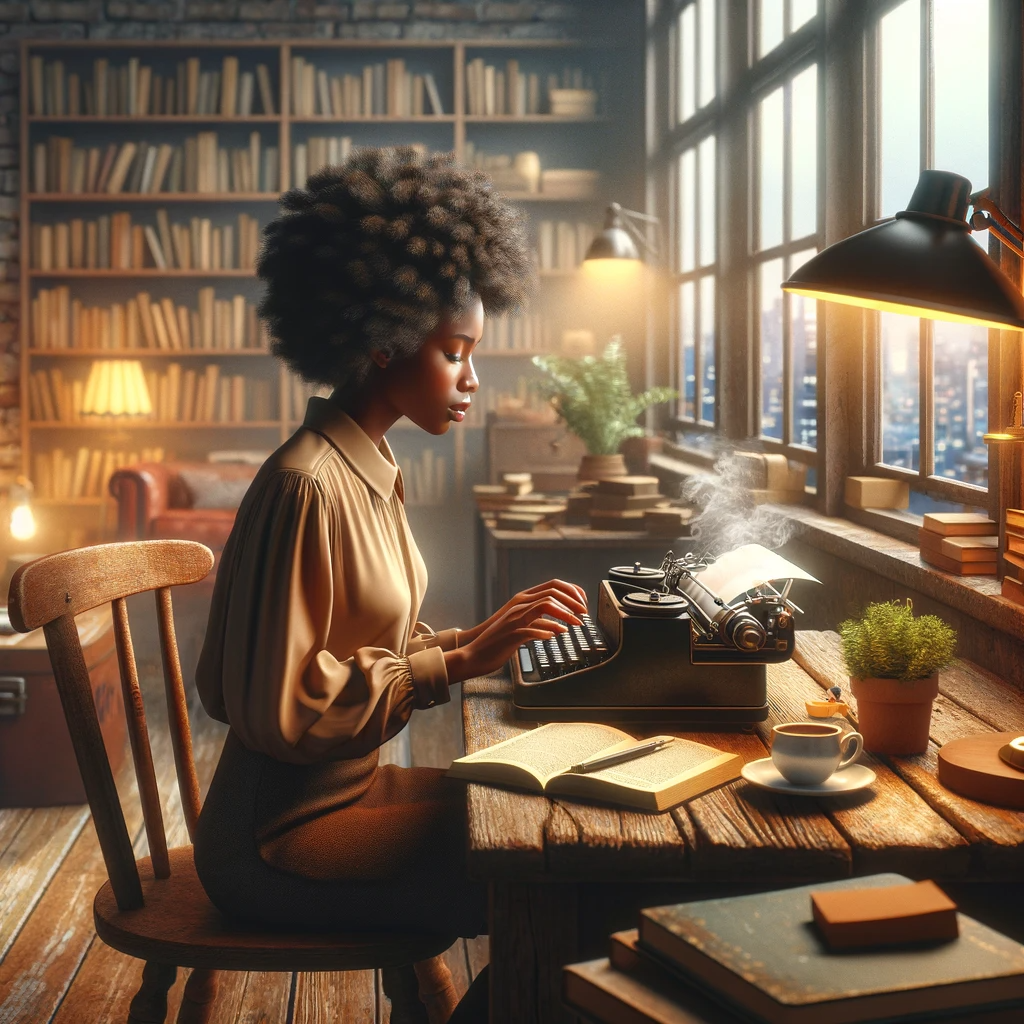 DALL·E 2023-11-21 08.57.20 - A digital painting of a writer deeply engrossed in writing. The writer, a young Black woman with short curly hair, is sitting at a rustic wooden desk .png