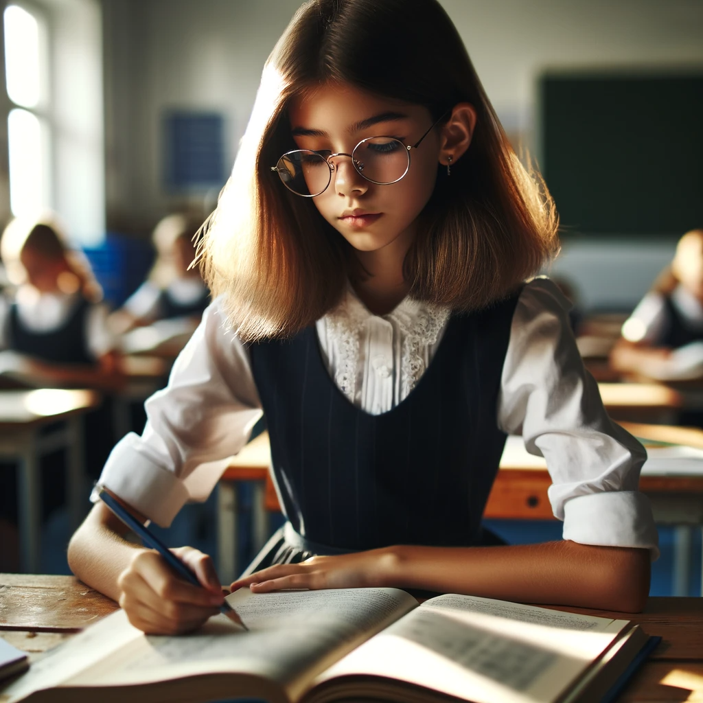 DALL·E 2023-12-20 08.11.49 - A studious young girl, about 12 years old, concentrating on her studies in a classroom setting. She has straight, shoulder-length brown hair and wears.png