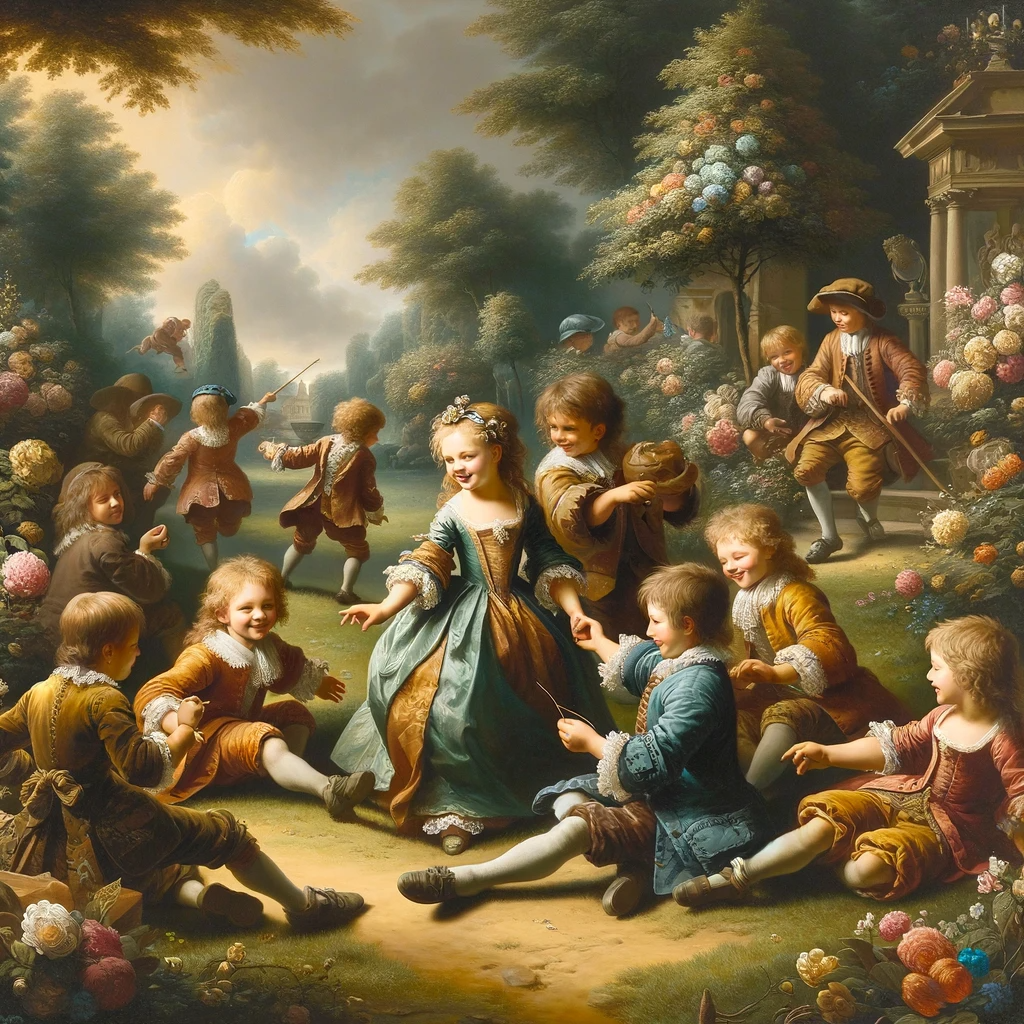 DALL·E 2023-12-11 08.37.25 - A scene in the style of 17th-century European art, depicting a child enjoying a happy moment with friends. The painting should show a group of childre.png