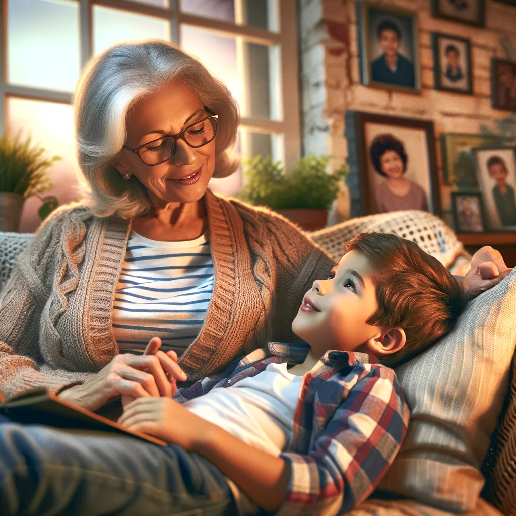 DALL·E 2023-11-18 15.36.07 - A cozy scene depicting a young boy, around 7 years old, lying on his grandmother's lap, listening to her tell a story. The grandmother, an elderly wom.png