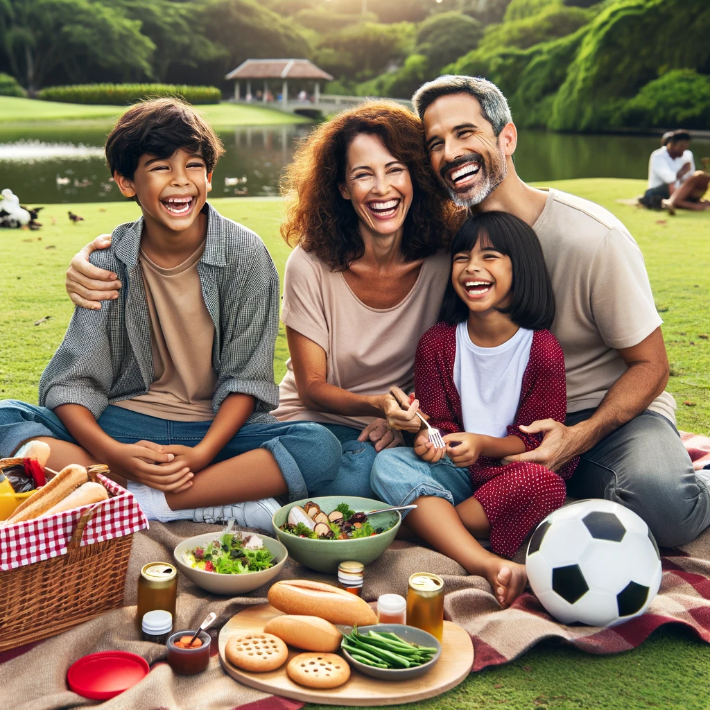 DALL·E 2023-11-19 19.16.58 - A happy family enjoying a picnic in a scenic park. The family consists of a father (middle-aged Caucasian man), a mother (middle-aged South Asian woma.png