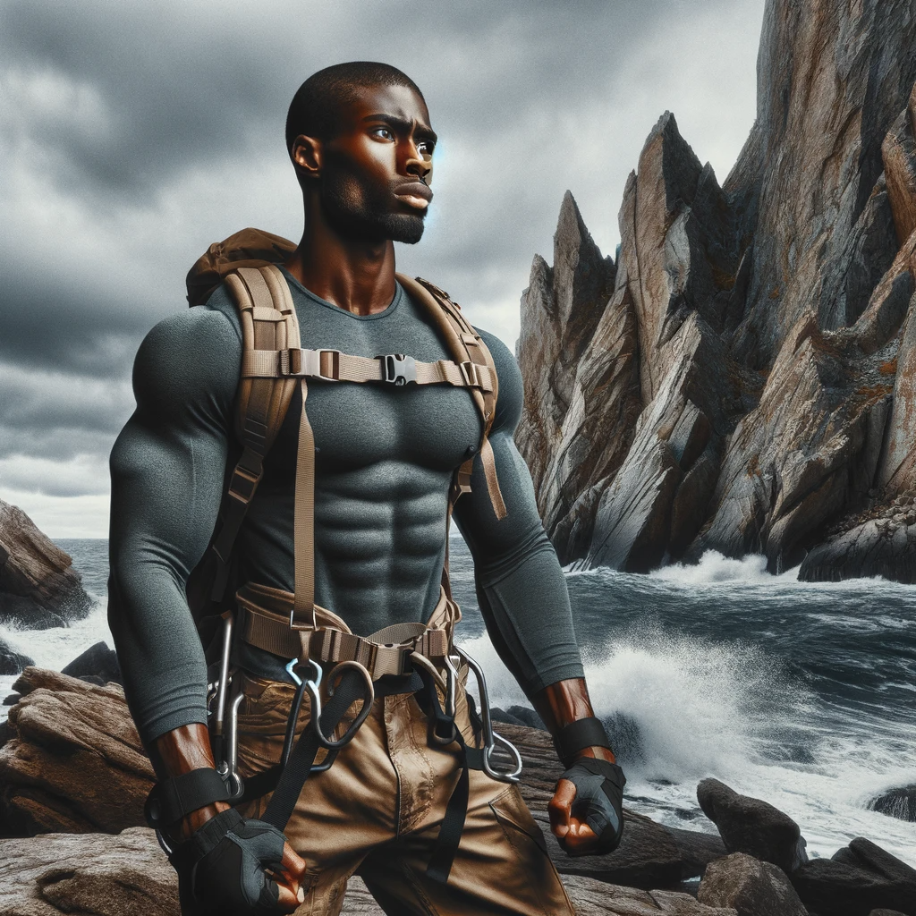 DALL·E 2023-11-28 13.43.55 - A muscular Black man facing a challenging situation with confidence and determination. The background is a rough natural environment, like a rocky mou.png