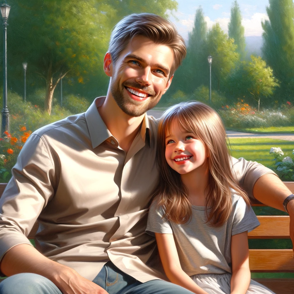 DALL·E 2024-01-26 11.01.19 - A realistic painting of a happy father and daughter enjoying a moment together. The father is smiling warmly, looking at his daughter with affection. .png