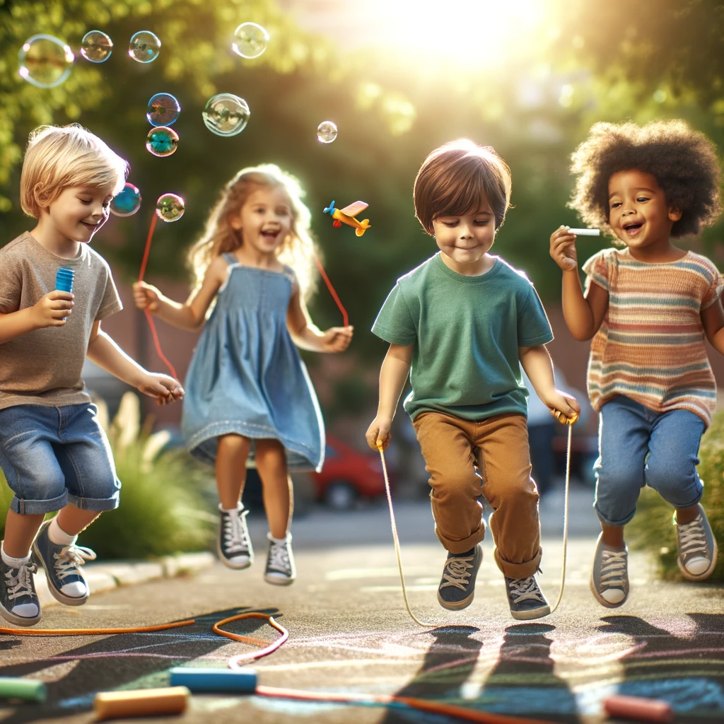 DALL·E 2024-01-27 09.27.47 - Four children playing together, each with a happy expression. One child is blowing bubbles, another is jumping rope, the third is playing with a toy a.png