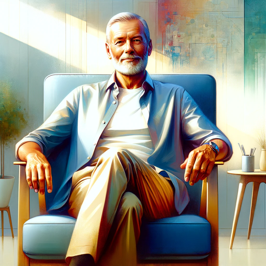 DALL·E 2023-11-13 15.41.55 - A contemporary portrait of a retired gentleman, reflecting a 21st-century aesthetic. The gentleman is depicted in a relaxed and casual posture, embody.png