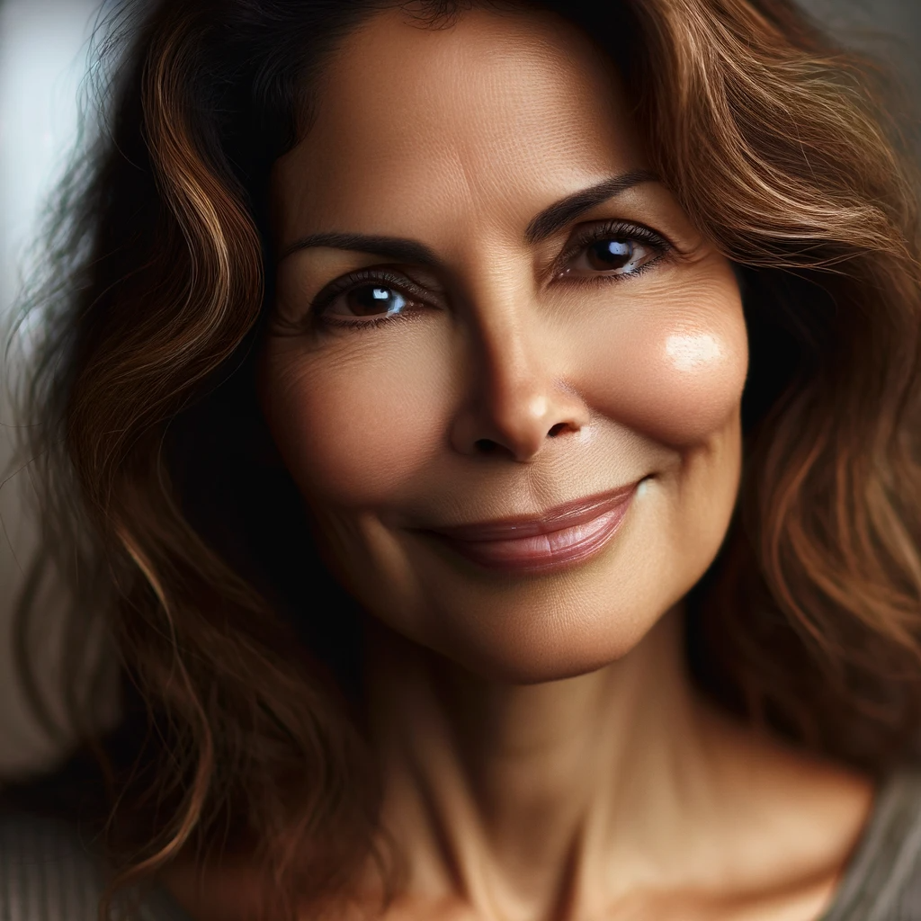DALL·E 2023-12-06 07.54.21 - A close-up portrait of a middle-aged Hispanic woman, exuding a sense of deep contentment and fulfillment. Her expression is serene and joyful, with a .png