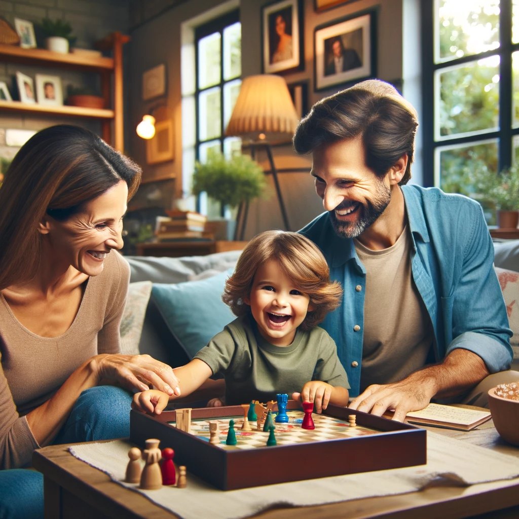 DALL·E 2023-12-12 09.33.17 - A heartwarming scene of a child spending a joyful time with their parents. The child, a mix of excitement and happiness on their face, is playing a bo.png