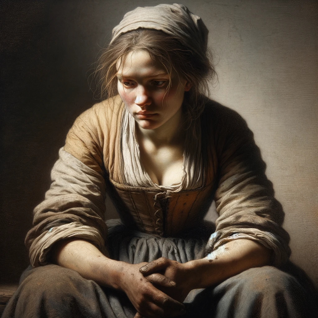 DALL·E 2023-11-11 14.59.25 - A painting in the style of Rembrandt, depicting a woman exhausted from hard work. She is sitting down, her body slouched from fatigue. Her hands are r.png