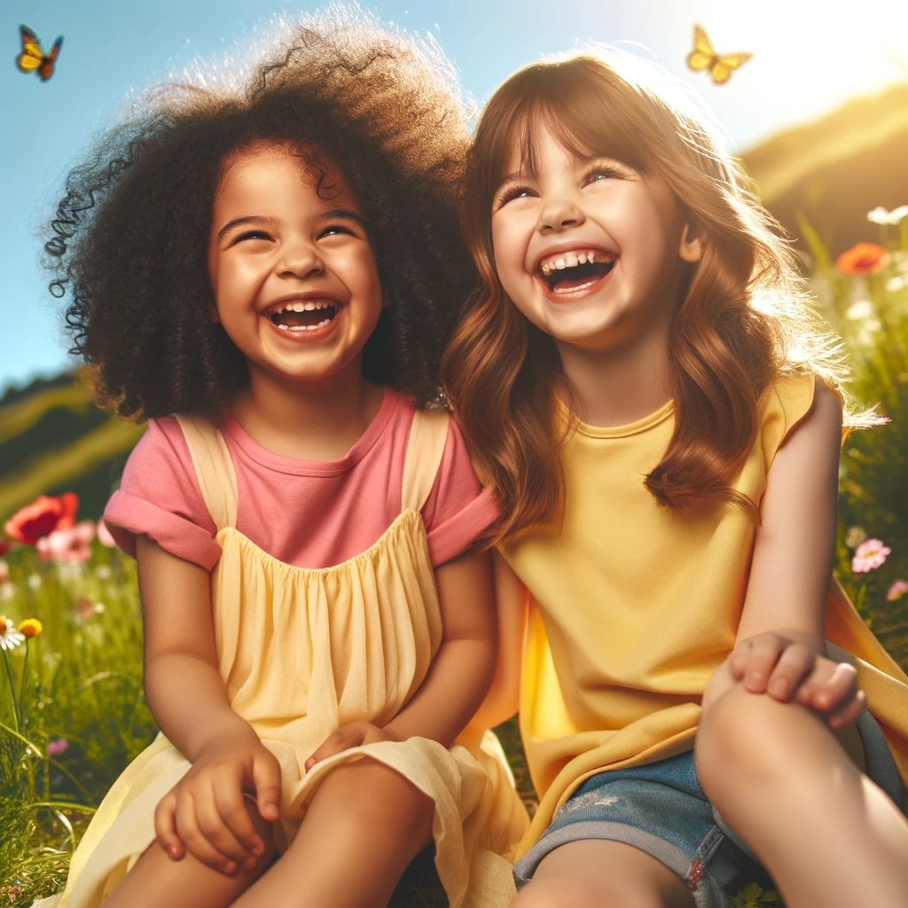 DALL·E 2023-11-24 08.21.13 - Two young girls, around 8 and 10 years old, joyfully laughing in a sunny park. The older girl is of Middle-Eastern descent with curly black hair, wear.png