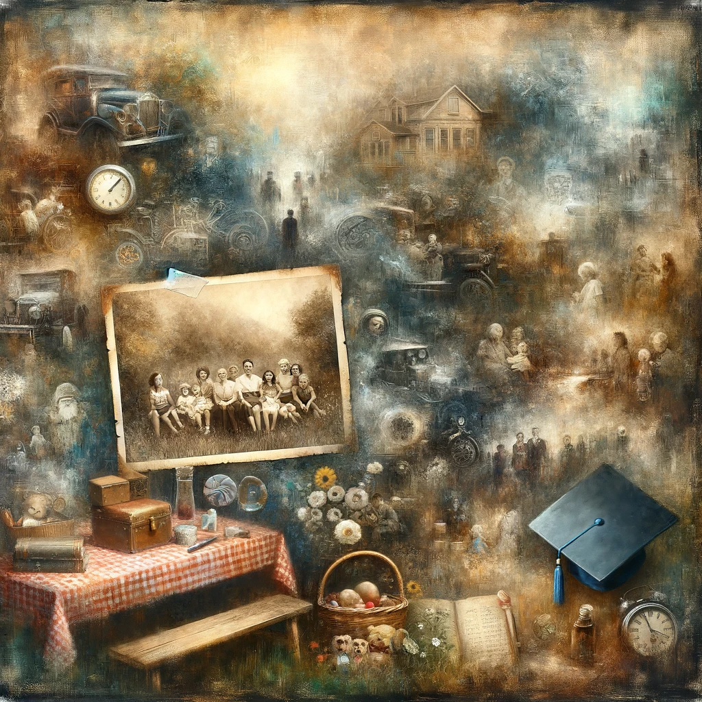 DALL·E 2023-11-13 11.14.00 - An evocative and nostalgic painting illustrating the theme of memories. The scene is a collage of overlapping images, like a tapestry woven from past .png