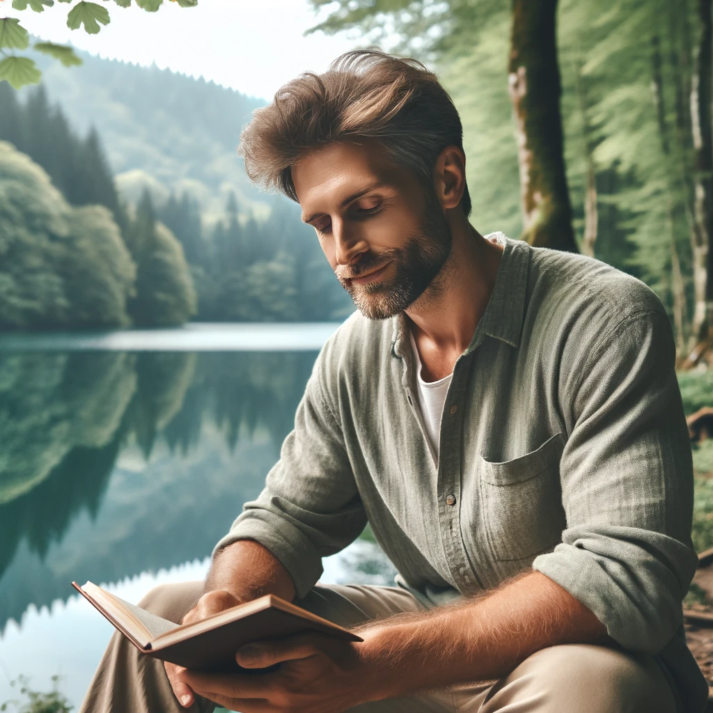 DALL·E 2023-11-28 14.58.17 - A Caucasian man enjoying solitude in a serene natural environment. He has a peaceful expression, surrounded by beautiful forest or lake scenery. He is.png