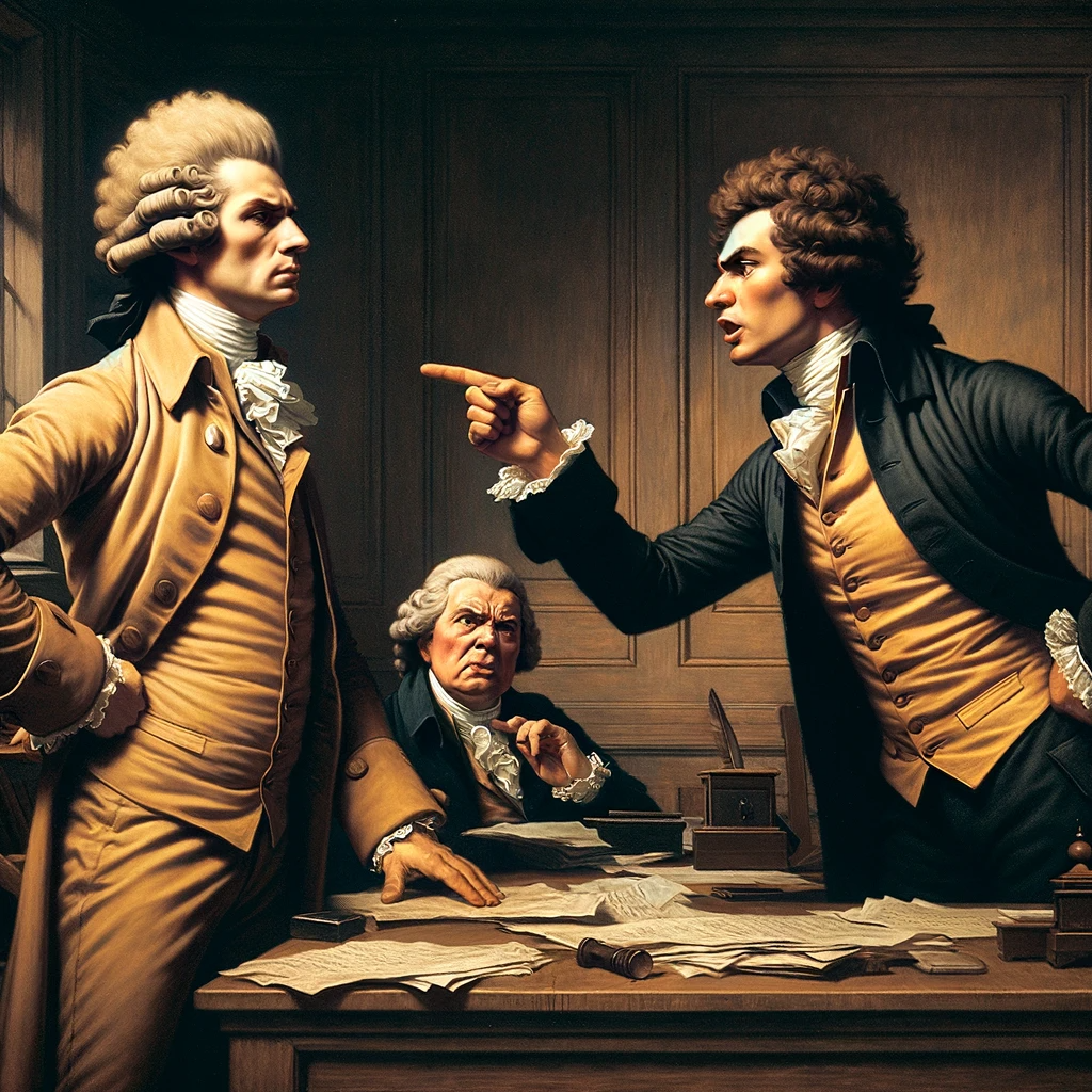 DALL·E 2023-11-11 14.58.37 - A painting in the style of the 18th century, illustrating a man in a confrontation with his superior at work. The man is portrayed with a determined e.png