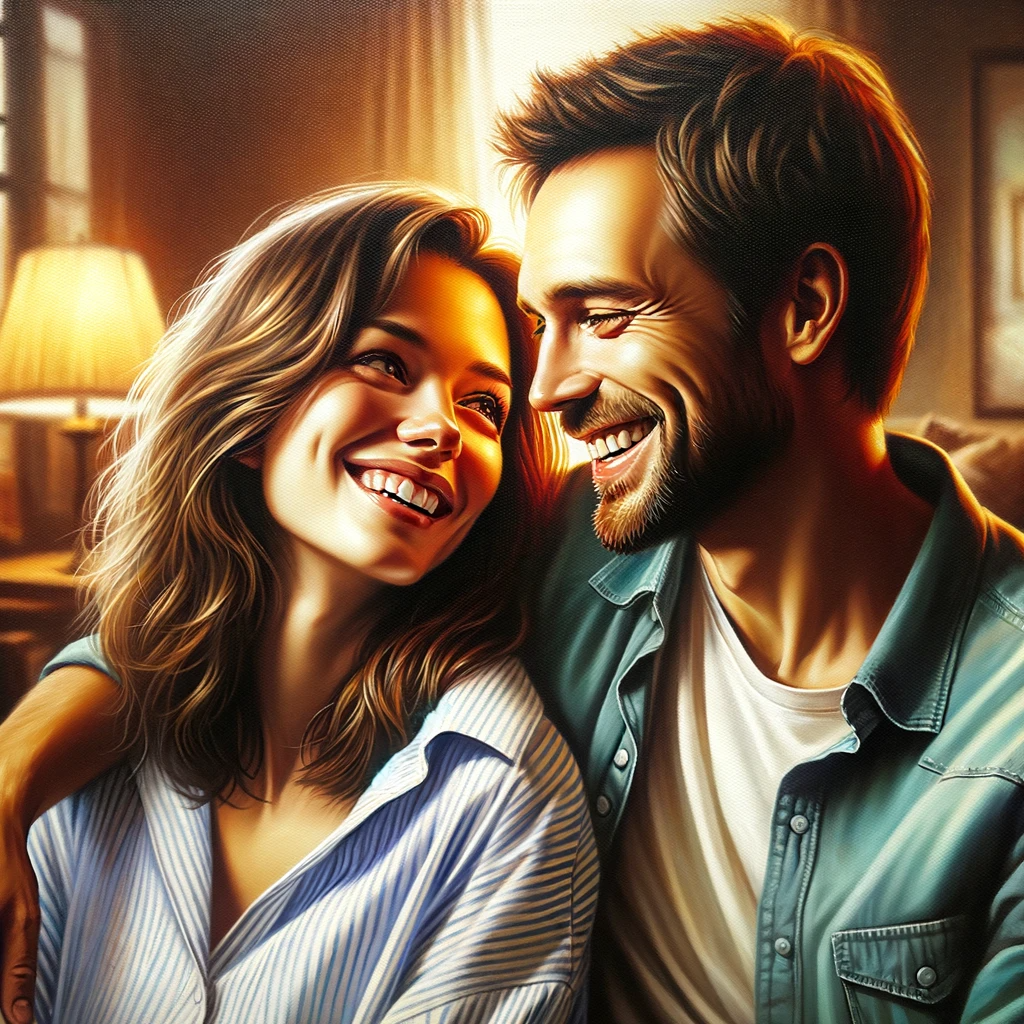 DALL·E 2024-01-22 08.03.30 - A realistic painting of a happy and joyful couple. The couple is smiling and looking at each other with affection. They are casually dressed, suggesti.png