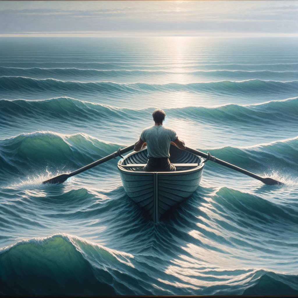 DALL·E 2023-11-13 15.50.20 - A painting of a person rowing a small boat on the vast ocean. The individual is in mid-stroke, muscles tense as they pull the oars through the water. .png