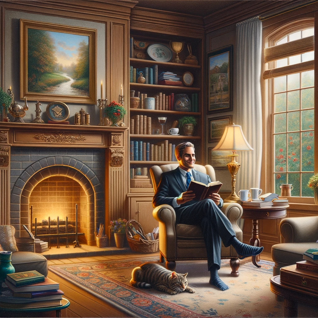 DALL·E 2023-12-04 08.58.14 - A painting of a person living a stable and prosperous life. The scene is set in a cozy, well-furnished living room. A middle-aged Caucasian man is sit.png