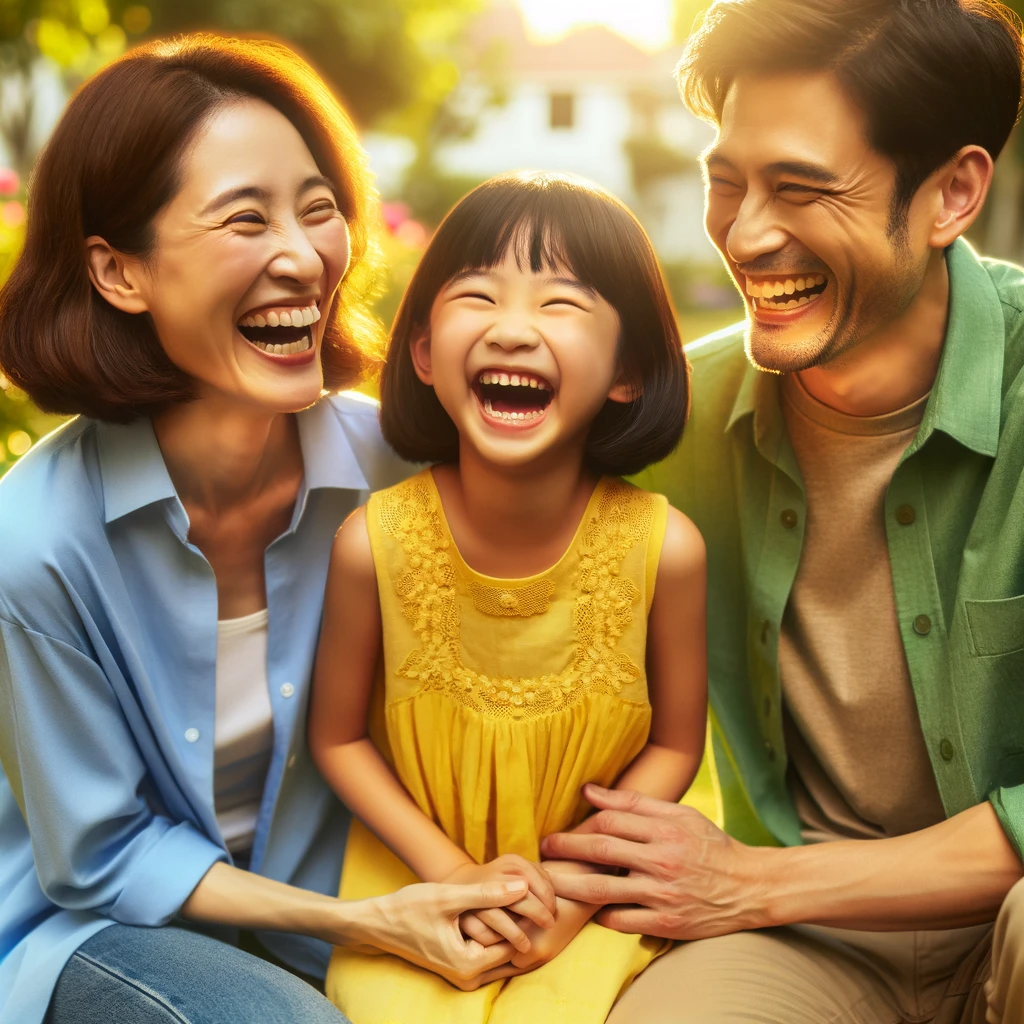 DALL·E 2023-12-05 15.24.39 - A joyful scene depicting a child and their parents laughing together. The child, a 7-year-old Asian girl with short black hair, wears a bright yellow .png