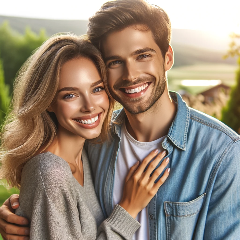 DALL·E 2023-12-28 11.32.45 - A happy couple, smiling and embracing each other with joy and love. They are in a beautiful outdoor setting, surrounded by nature, which adds to the r.png