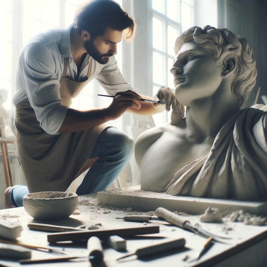 DALL·E 2023-12-09 08.39.30 - A sculptor carefully working on a large statue, with sculpting tools scattered around. The workspace is a bright and spacious studio, highlighting the.png
