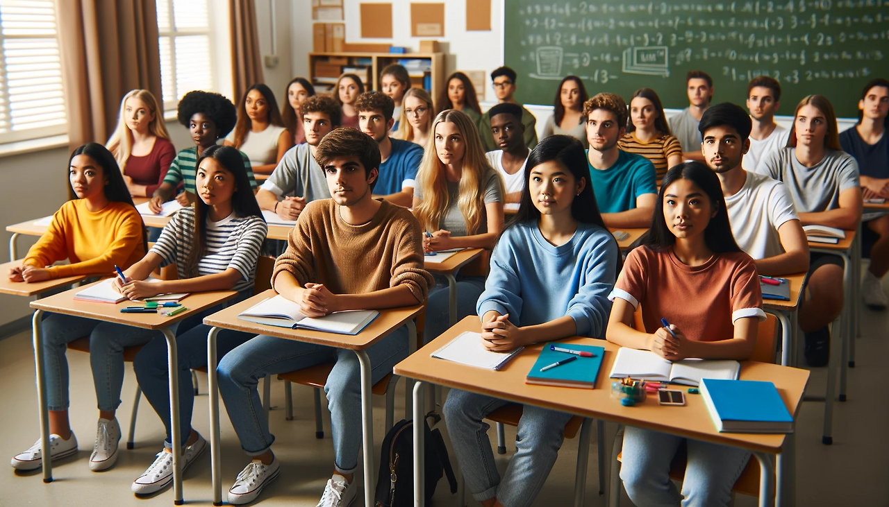 DALL·E 2023-11-30 07.53.19 - A diverse group of high school students in a classroom setting, attentively listening to a lesson. The students are seated at desks arranged in rows, .png