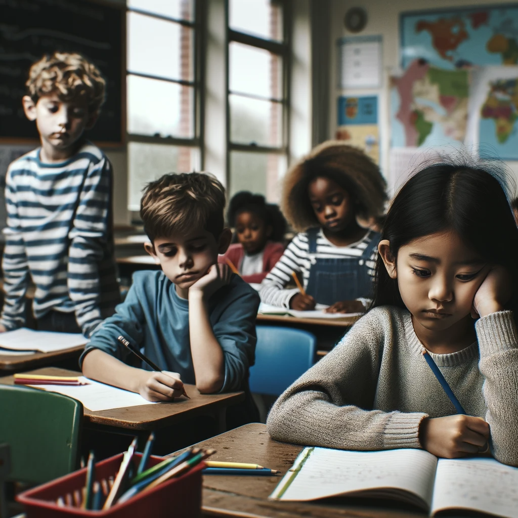 DALL·E 2023-12-02 08.05.58 - Diverse children in a classroom, all showing sad or melancholic expressions. One child is a South Asian girl, leaning on the desk and looking at a boo.png