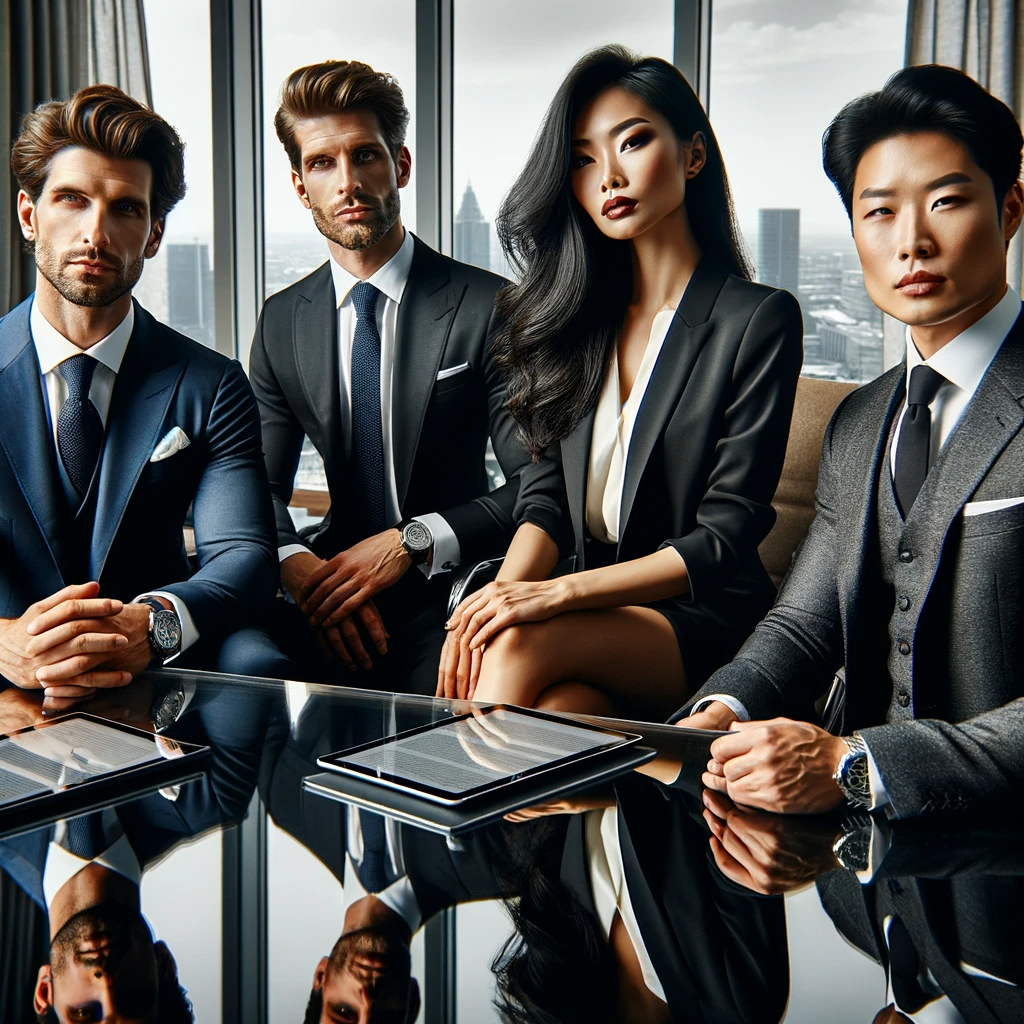 DALL·E 2024-01-06 16.03.38 - A group of charismatic men and women in a high-end business meeting. The group consists of four individuals_ a Caucasian man in a sharp suit, a Black .png