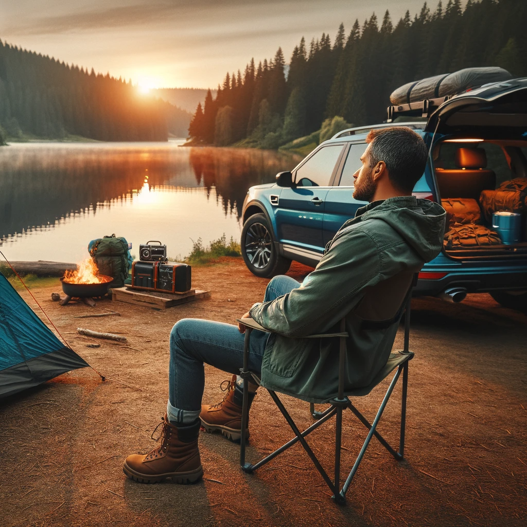DALL·E 2023-11-22 16.11.30 - A man on a solo camping trip by a lakeside. The scene is set in the evening with a serene lake reflecting the orange hues of the sunset. The man, of H.png