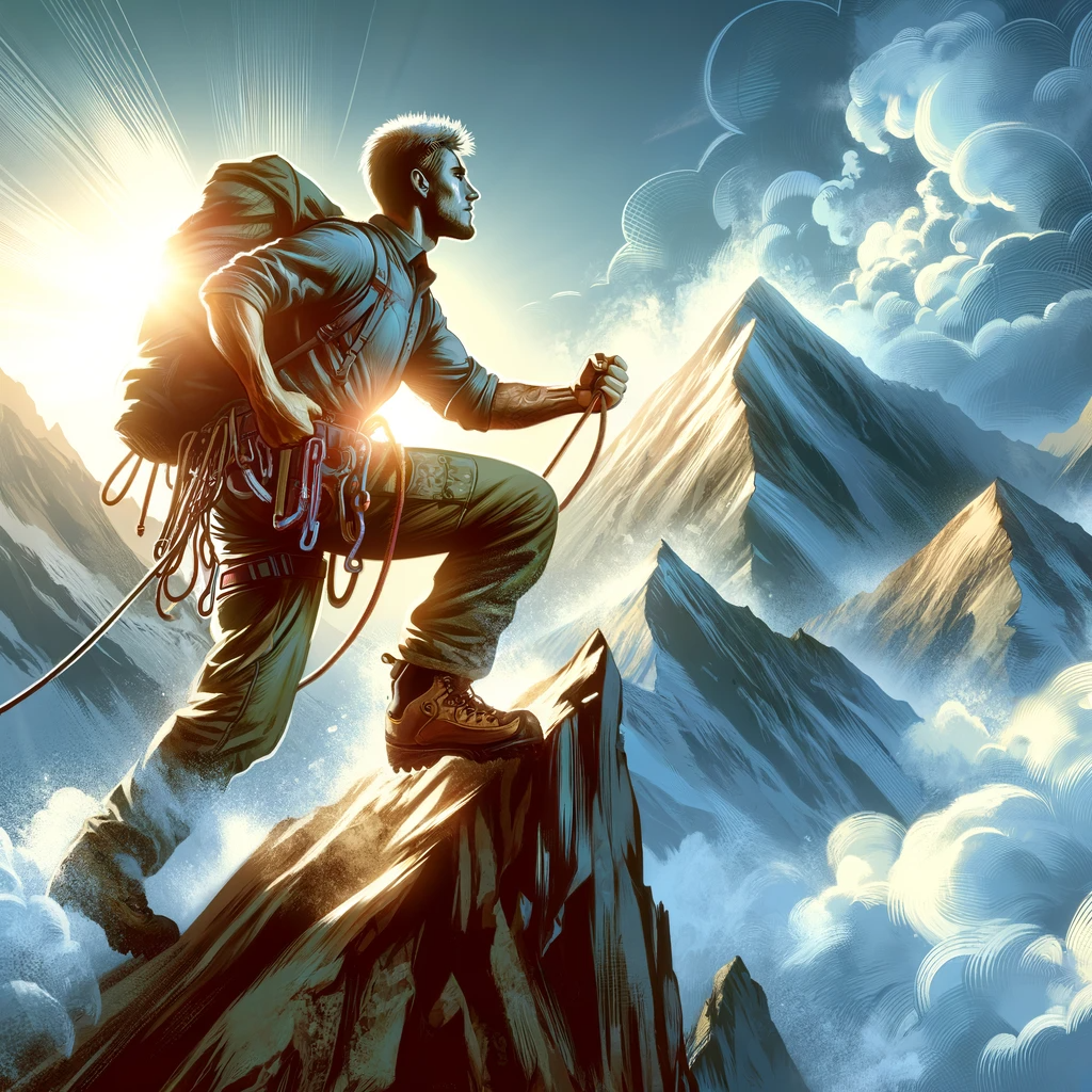 DALL·E 2023-12-22 11.49.14 - A person embodying an indomitable spirit of challenge, climbing a steep mountain. The climber has a sturdy physique and is equipped with mountain clim.png