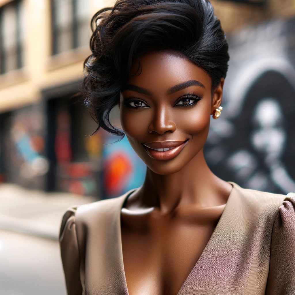 DALL·E 2023-12-27 13.57.56 - A portrait of a woman who exudes an aura that many people find impressive. She is a young Black woman with a radiant, confident smile. Her style is a .png