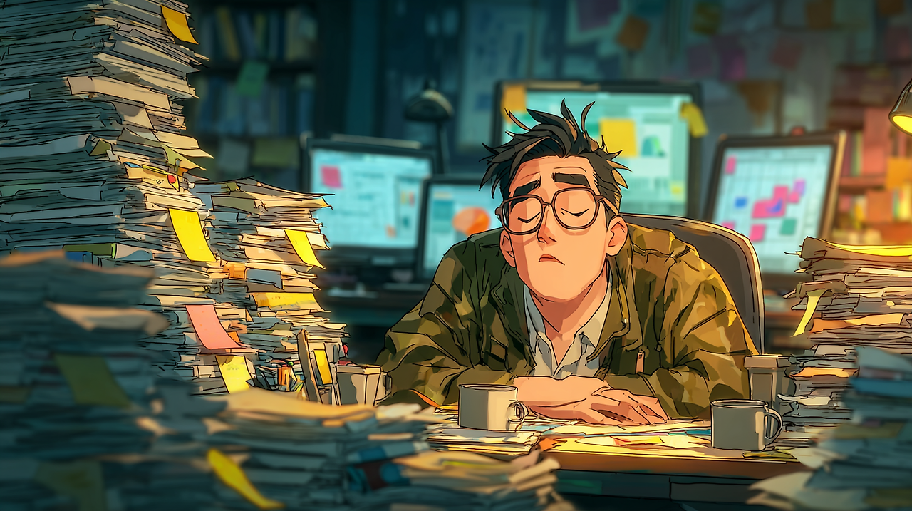 ninefire9_Exhausted_Korean_office_worker_surrounded_by_stacks_92b78ac2-699e-49f7-9a71-22b2057f00e6_0.png