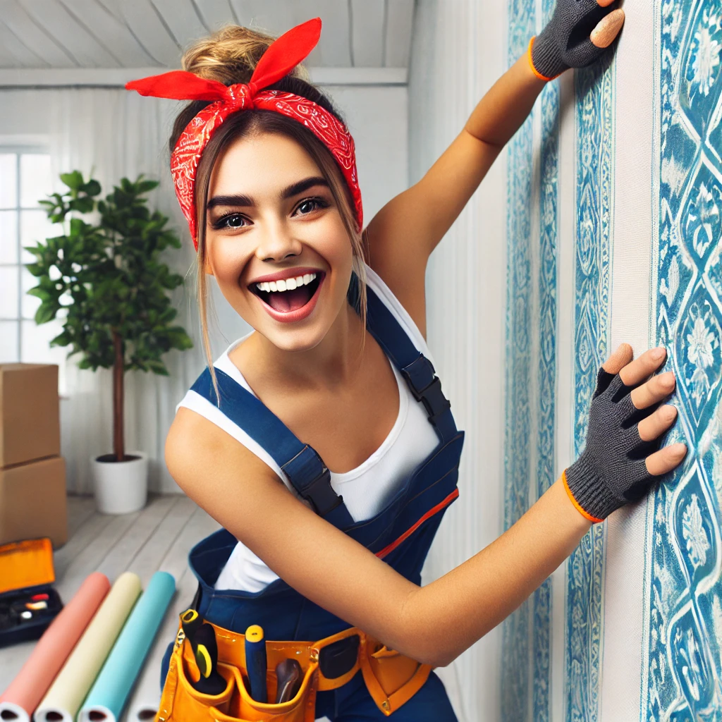 DALL·E 2025-03-03 18.16.02 - A vibrant and energetic young woman in her 20s working as a wallpaper installer. She is wearing work overalls, a bandana, and gloves, with a joyful an.png