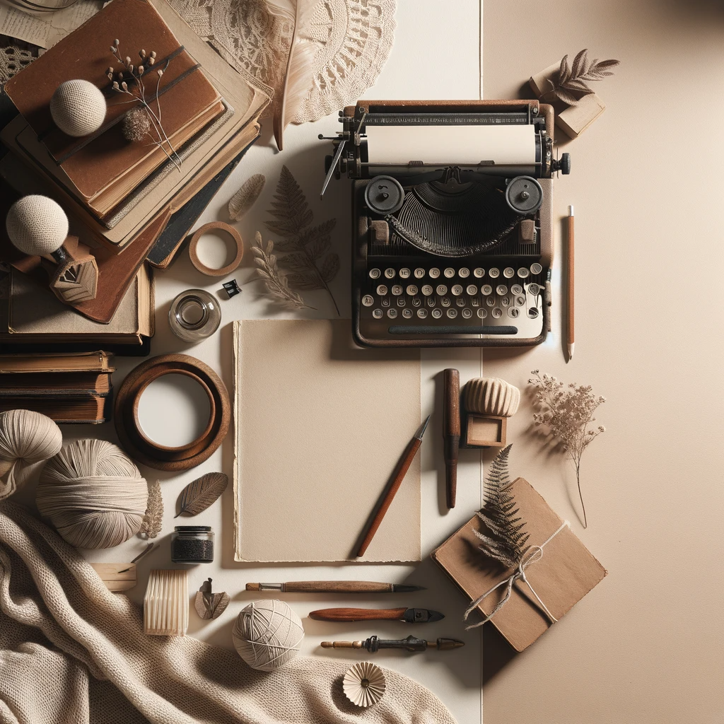 DALL·E 2024-01-31 12.37.21 - A sophisticated, soft-toned kinfolk style image that represents the balance between seriousness and lightness in writing. The image should symbolize t.png