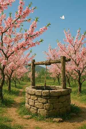 60년대 산골 우물가에 복사꽃이 만발.png