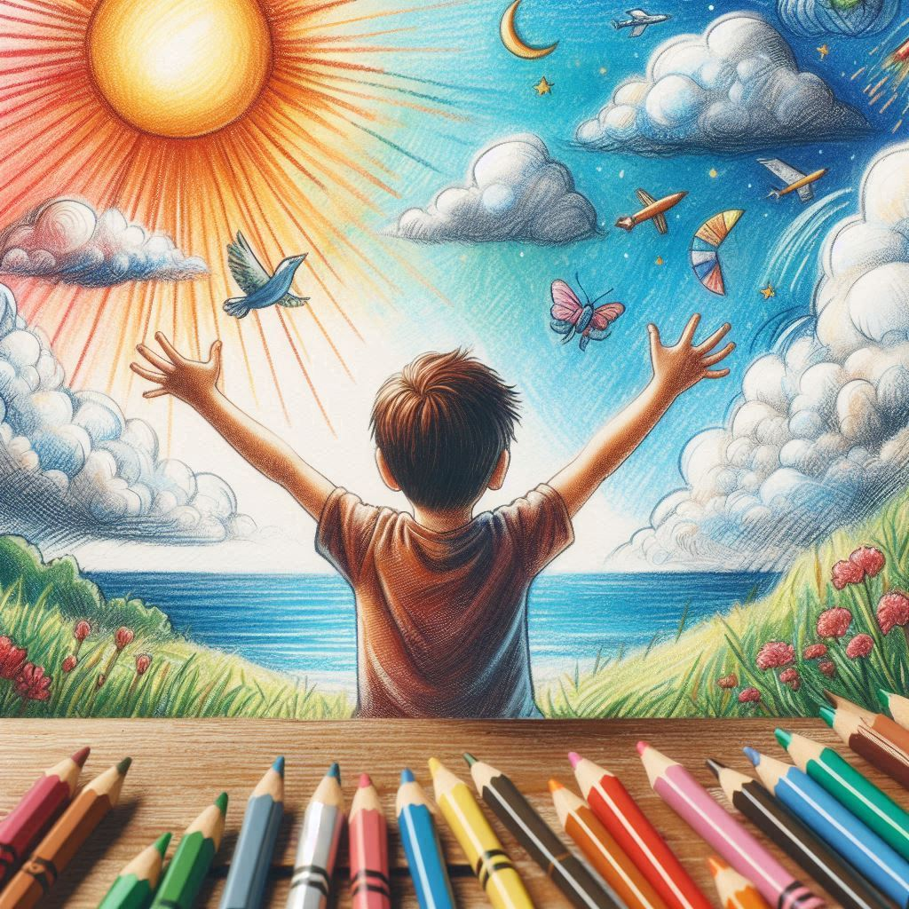 8살 어린이가 크레파스로 그린 하늘, 구름, 해를 그리고 하늘을 향해 두 팔을 벌리고 있는 모습.png