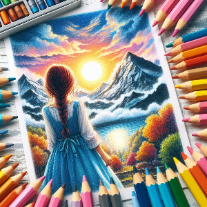 크레파스화, 8살 정도의 여자 아이가 산과 하늘을 보고 있는 그림..png