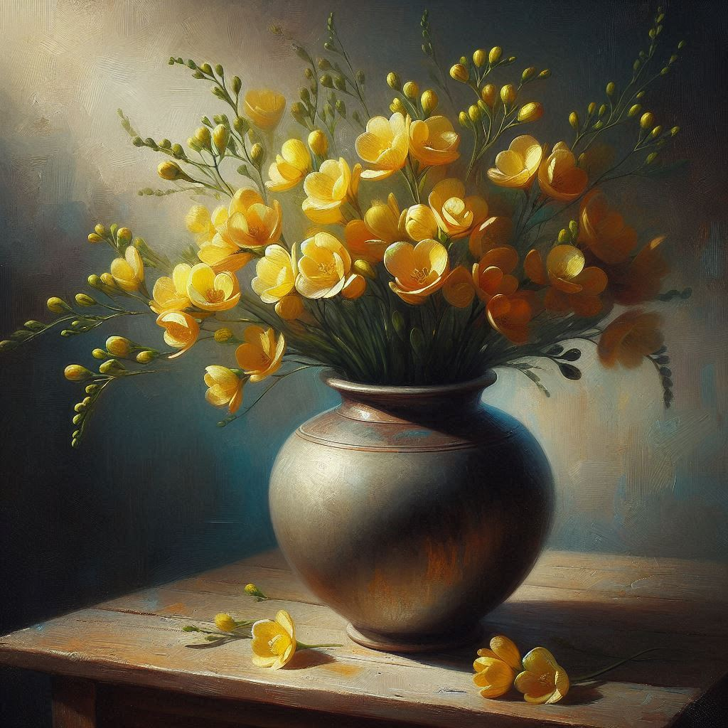 노란색 프리지어가 담긴 꽃병, 유화 스타일.png